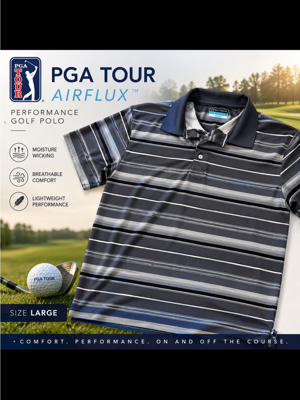PGA TOUR Airflux Striped Performance Polo - Navy, Gray & Light Blue